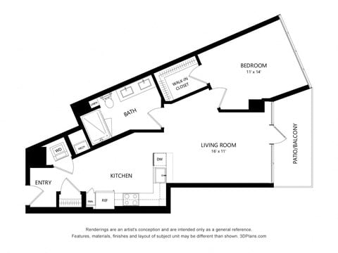 Floor plan for 1 bed, 1 bath, 765 sqft
